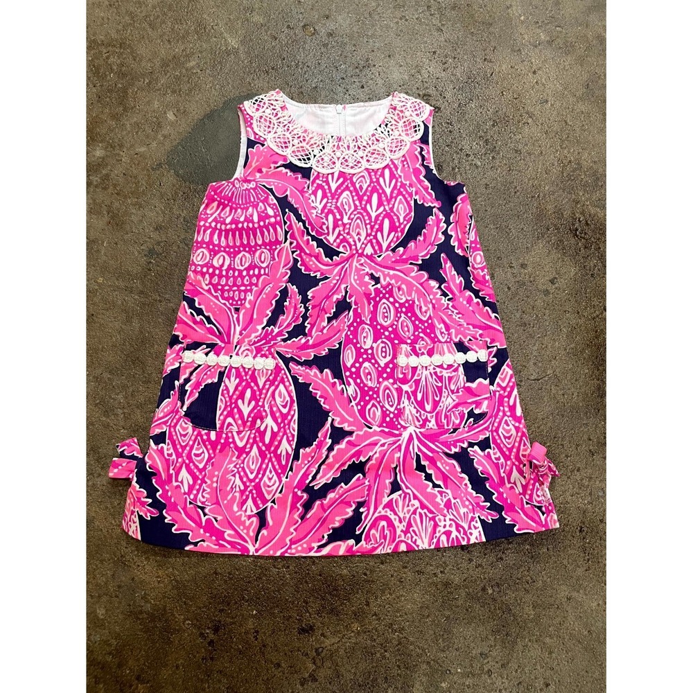 Lilly Pulitzer Shift Dress Girls 3 Multicolor Pineapple Lace Collar Back Zip
